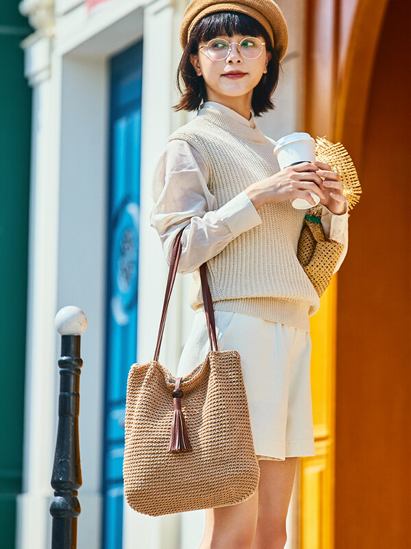 日本の綿とリネンバケットバッグ手編み芸術小新鮮な森休日女性のバッグ不織布ショルダーバッグ