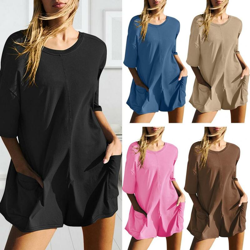 Romper with Side Pockets Stylish Summer Romper with Crotch Big Pockets for Women Soft Round Neck Short Sleeves Solid Color