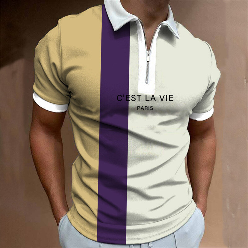 Summer Men's New Stripe Letter Printing Short -sleeved Lapel Zipper POLO Shirt