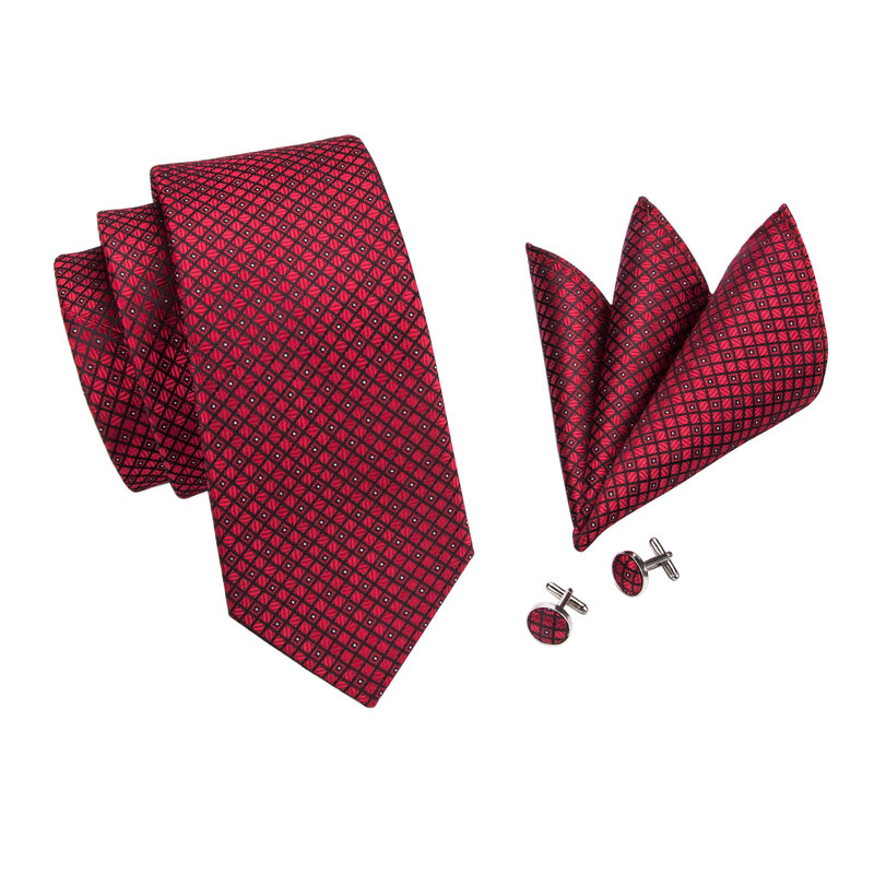 Hi-Tie – cravate de mariage à carreaux pour hommes, cravate de styliste, rouge bordeaux, boutons de manchette, cadeau pour hommes, mode fête d'affaires, livraison directe