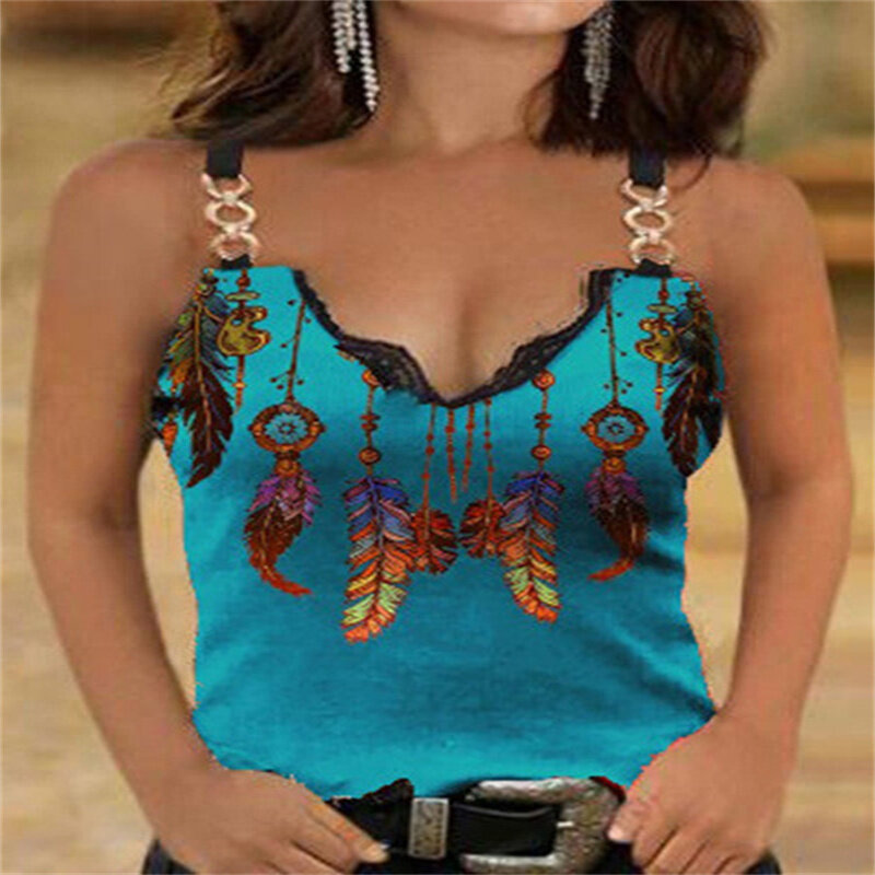 Женская футболка с V-образным вырезом, кружевной облегающий Топ без рукавов на бретельках с принтом, лето 2023