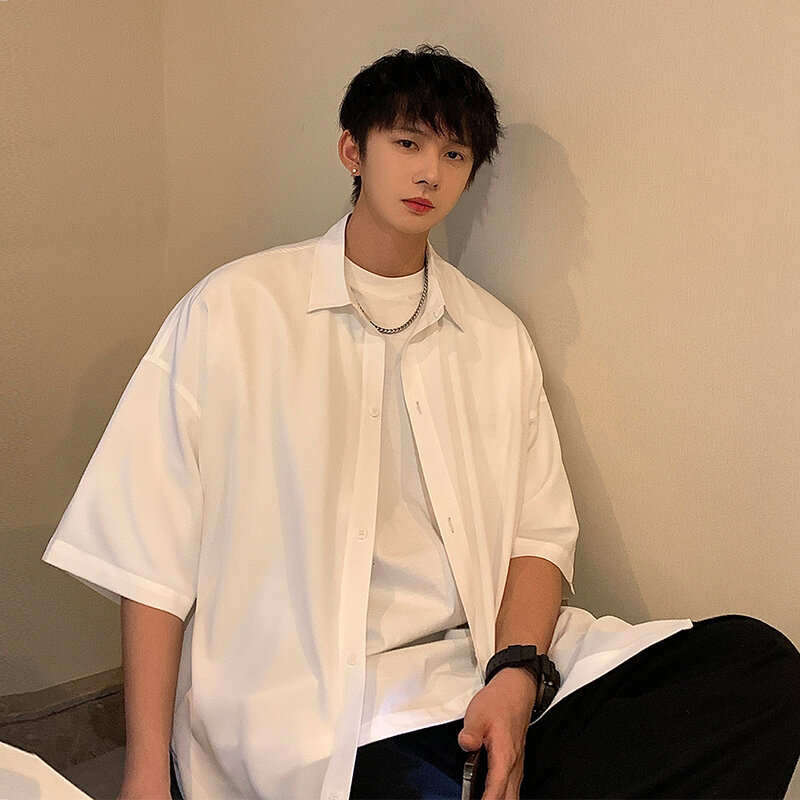 Рубашка мужская оверсайз с коротким рукавом, Повседневная блузка свободного покроя, модная шикарная сорочка в Корейском стиле, однотонная уличная одежда, лето