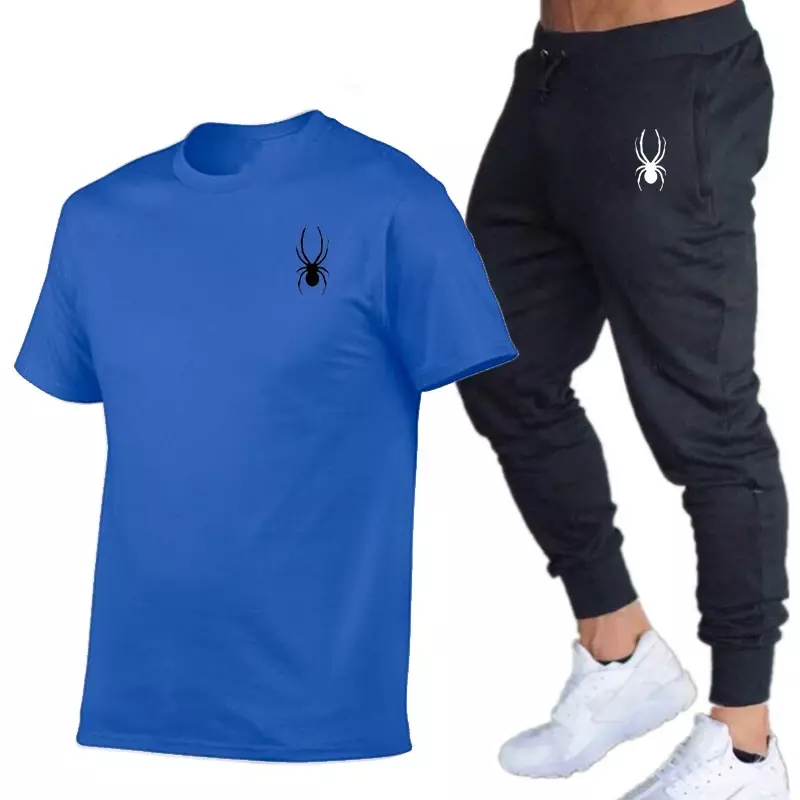 Setelan kaus pria Musim Panas 2024 terlaris kaus celana Set kasual katun Fitness CELANA Jogger kaus Hip hop Fashicon pria pakaian olahraga