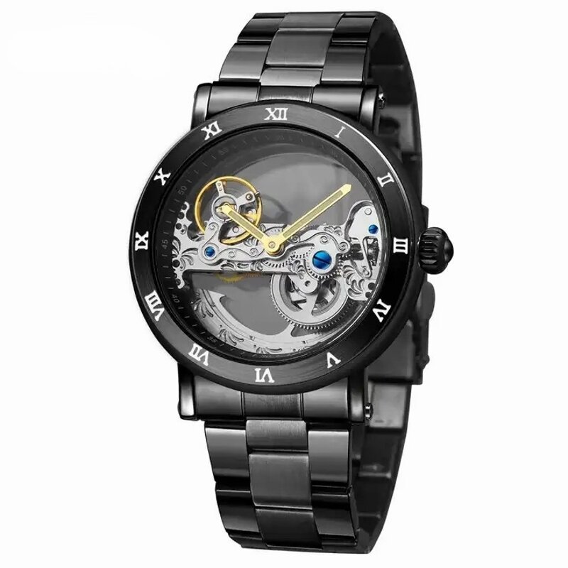 Men Skeleton Watch Cow Leather Band Fashionable Wrist Watch Golden Plate Mechanical Watch