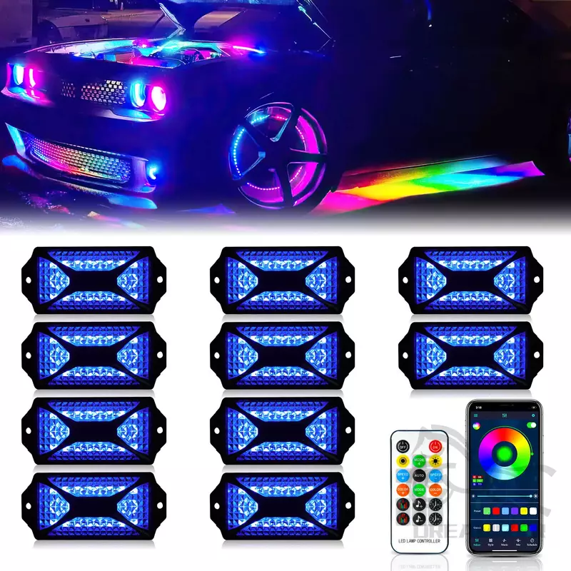 10 Pods APP Control Dream Color RGB + IC 240 LED Rock Lights Off-Road Truck UTV Underbody Underglow Trail Rig Light For Jeep