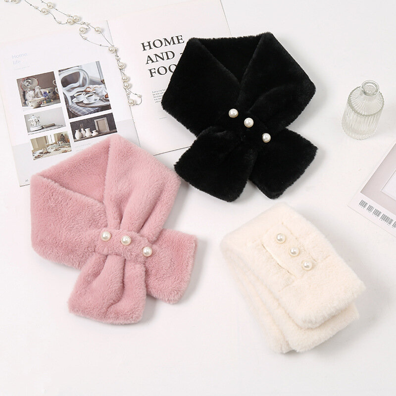 Korean Style Women Pearl Plush Cross Scarf Autumn Winter Thickened Warm Faux Fur Scarves Girls Students Soft Neck Ring Scarf New