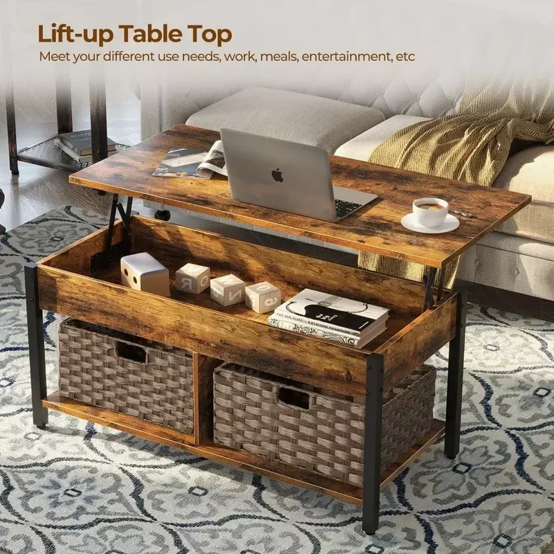 Okrągły stolik kawowy do salonu z drewna 41.7 „ Retro centralny drewniany blat i metalowa rama do salonu rustykalne brązowe stoły