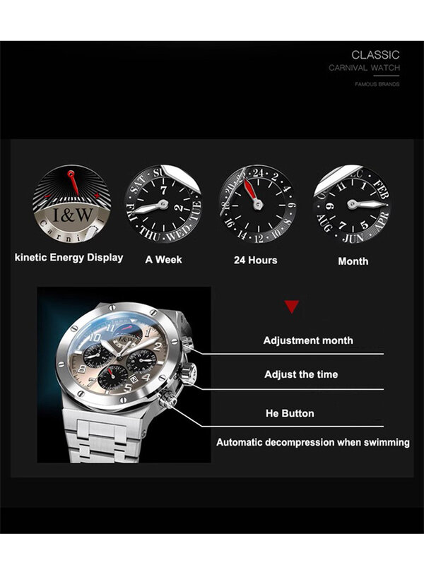 IW-Relógio mecânico automático masculino, pulseira de aço inoxidável, impermeável, moda, Miyota