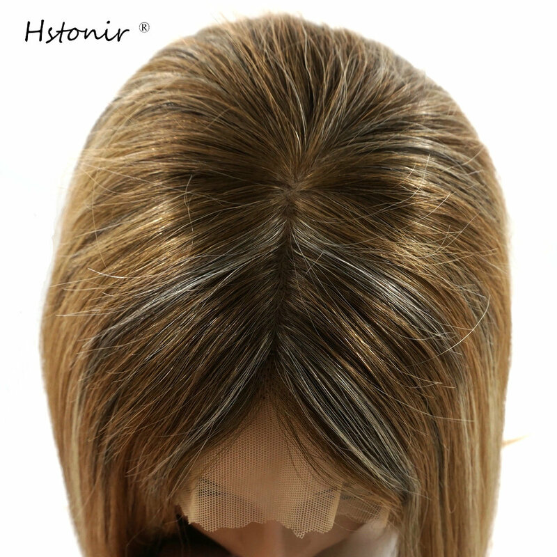 Hstonir-Peluca de encaje frontal para mujer, postizo de pelo Natural liso, Top de seda, 100%, Resaltadores, ombré, G045