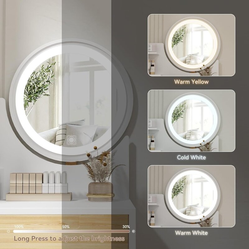 Kommoden verstellbarer beleuchteter Spiegel und Lager regal weißer winziger Waschtisch mit Schublade für Schlafzimmer 24-Zoll-Make-up-Kommoden
