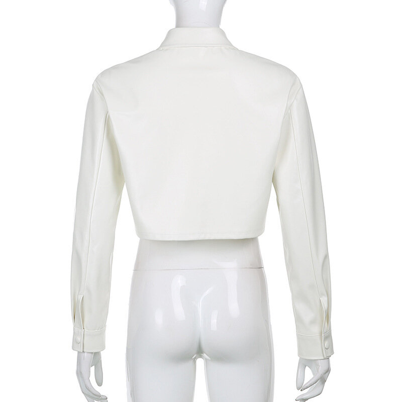 Wepbel jaket pendek PU mantel Mini pendek mode pengiriman pusar Pu atasan kulit wanita mantel pendek kantong pakaian luar lengan panjang