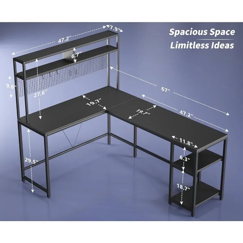 L geformter Schreibtisch mit Stall und Steck brett-67 "l-förmiger Spieltisch mit LED-Lichtern, Eck computer tisch mit Ablage fächern, schwarz