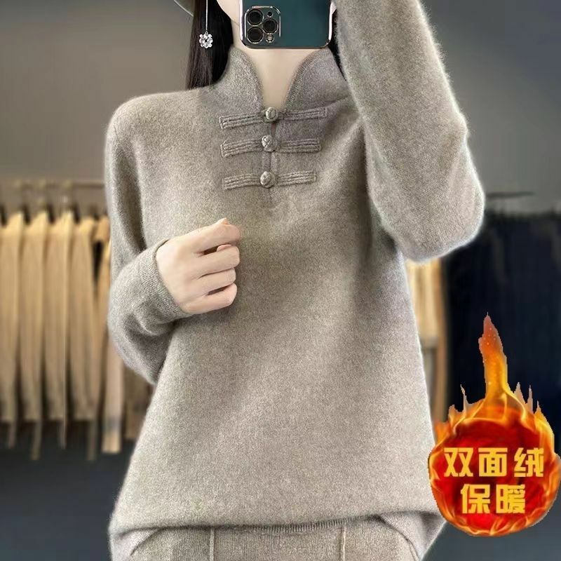 Autunno e inverno delle donne nuovo mezzo collo alto sciolto tinta unita moda stile cinese Qipao Retro Pan Button top a maniche lunghe
