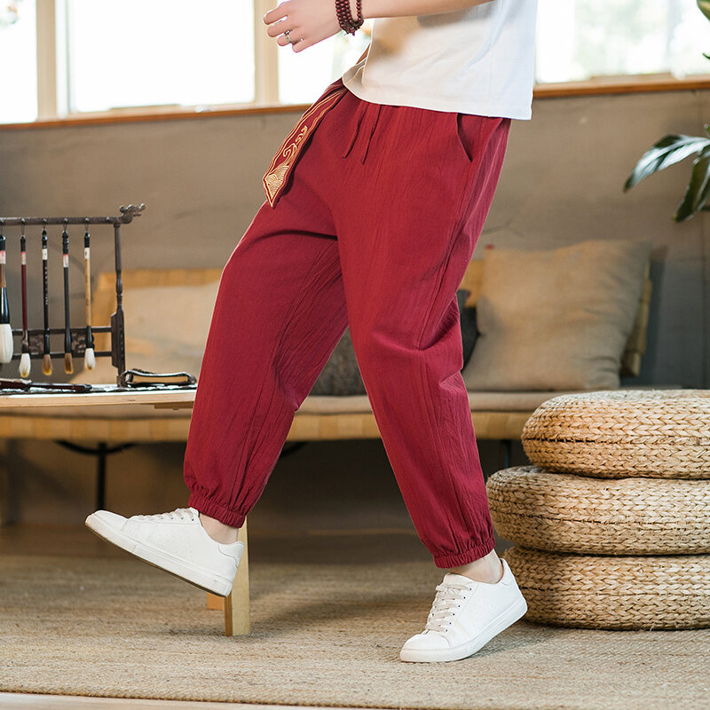 Calça masculina roupas masculinas Calças de linho de algodão outono masculinas cintura elástica casual calças de moletom soltas calças masculinas tradicionais chinesas