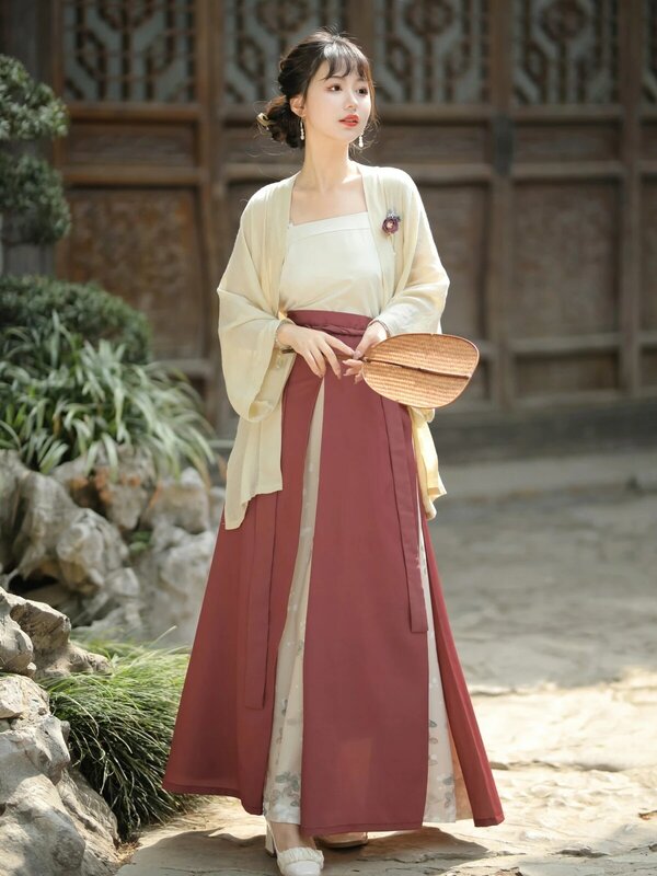 Hanfu กระโปรงสามท่อสำหรับผู้หญิง, เสื้อยืดแขนสั้นผลิตจากเพลงของผู้หญิงปกติองค์ประกอบฉินฮาน
