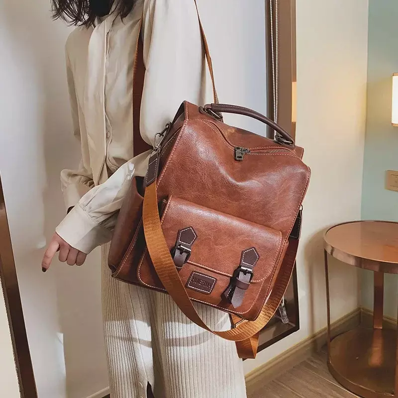Mochila Convertible de cuero PU para mujer, bolso cruzado informal Vintage, mochila de viaje de gran capacidad, bolsa escolar para estudiantes