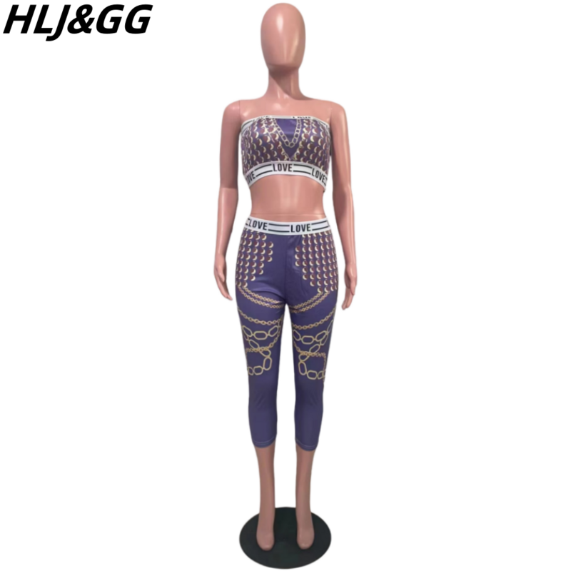 HLJ & GG 여성용 레트로 패턴 프린트 투피스 세트, 오프숄더 민소매 백리스 튜브 + 스키니 팬츠, 스트리트 웨어 의상, 패션