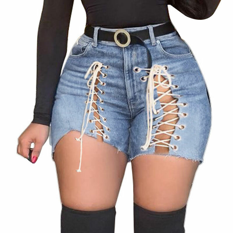 Lace-up Sexy Cutout Denim Shorts for Summer Women's High Waist Ripped Tassel Short Jeans Lace Lace Hot Pants High Waisted Jeans