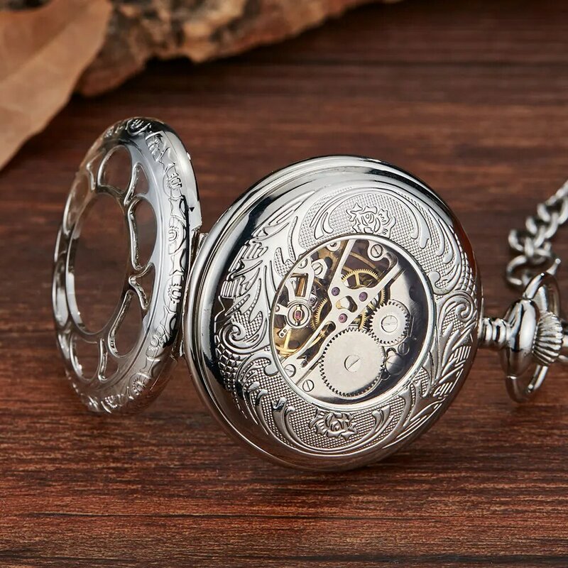 Vintage Silver Mechanical Hand Wind Pocket Watches Blue Roman Numeral Dial Mechanical Flip Watch Men Clock With Fob Chain