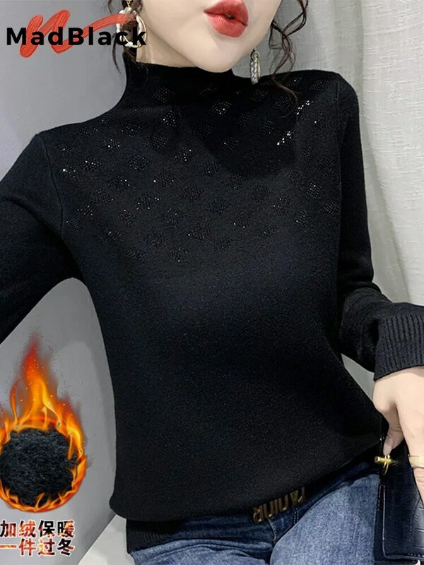 MadBlack-suéter de cuello simulado con diamantes para mujer, ropa europea, Tops delgados de lana gruesa, jersey de manga larga, otoño e invierno, T30435JM