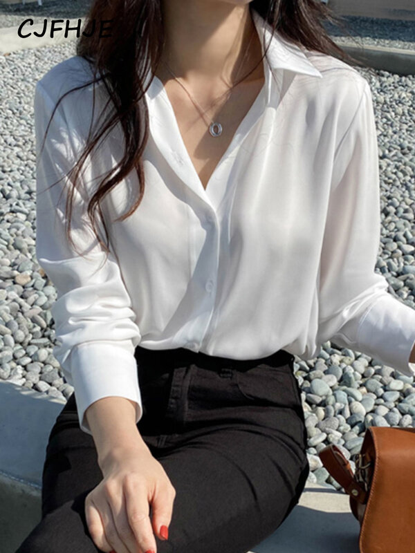 CJFHJE atasan dasar wanita Korea, kemeja kantor kasual putih lengan penuh longgar sifon gaya BF musim gugur untuk perempuan