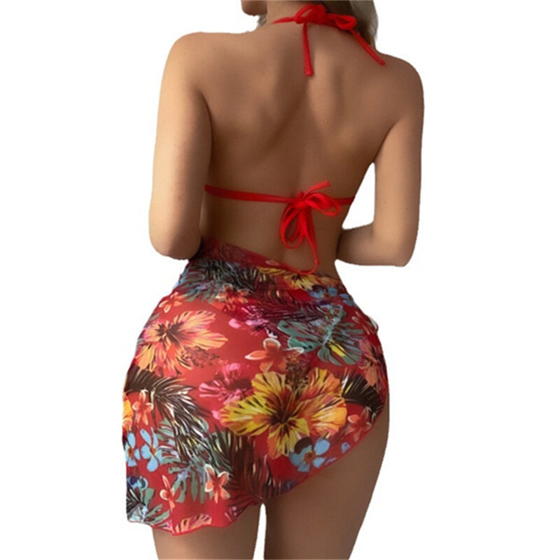 Bikini Backless tali mikro baju renang gambar tropis Cover-Up 3-piece pakaian renang liburan pantai Brasil pakaian mandi wanita Biquini