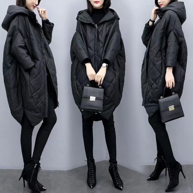 Jaket Hoodie kulit PU wanita, mantel panjang musim dingin longgar hitam PU kulit bebek bawah tahan angin bertudung 2024