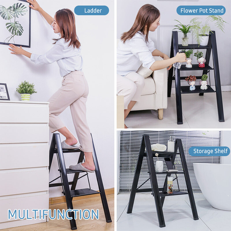 3 Step Folding  Stool Anti-slip Wide Pedal 330lbs Aluminum Alloy Multifunction  Ladder Storage Shelf Flower Pot Stand