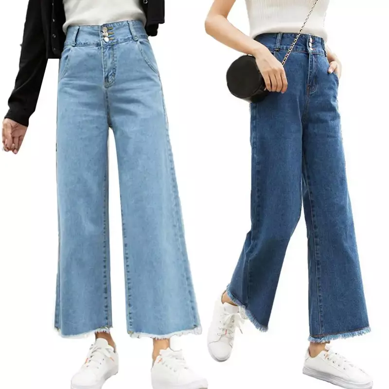 Прямые женские брюки с высокой талией, свободные брюки с широкими штанинами, повседневные джинсы, брюки 9/10