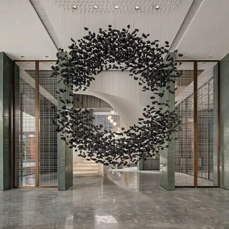 Black Art Crystal Chandelier For Hallway Lobby Modern Stone Cristal LED Hanging Lamp Luxury Staircase Home Indoor Light Fixtures