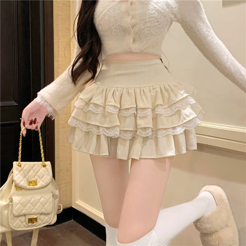 GIDYQ Lace Patchwork Mini Skirt Girly Style Fashion High Waist Ball Gown Korean Sexy Apricot Ruffles Pleated Skirt Ladies New