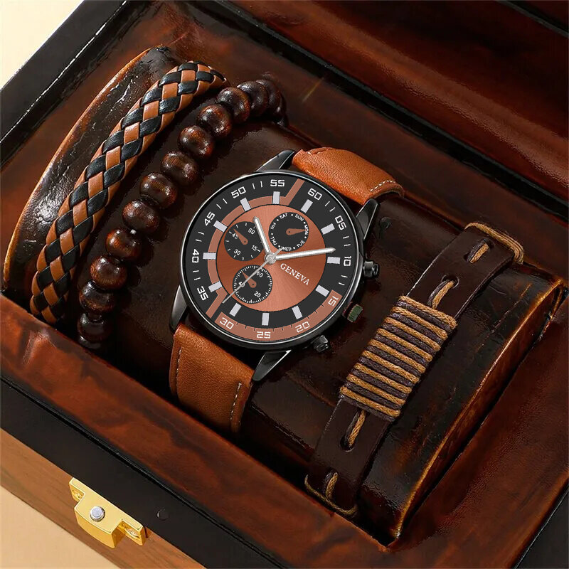 4PCS Set Fashion Mens Business Watches For Men Brown Leather Hand Rope Luxury Man Sport Casual Quartz Wrist Watch Reloj Hombre