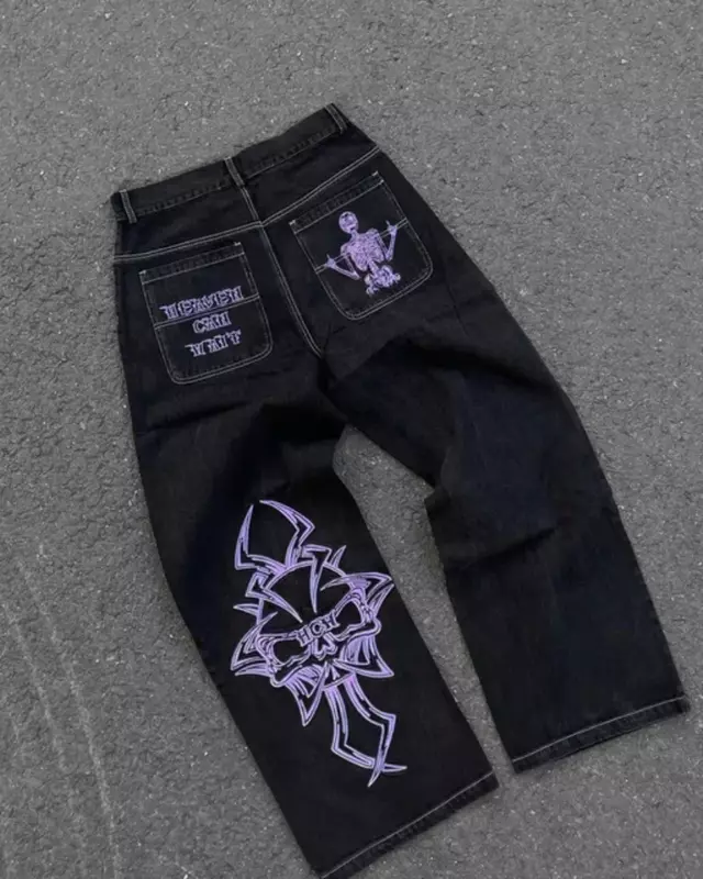 Jeans bordado letra americana para mulher, Y2K, Hip Hop, gótico, punk, reto, casual, calça de perna larga, moda de rua, tendência, novo