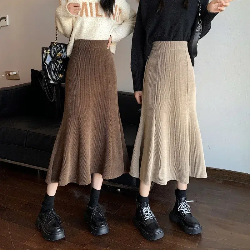 Corduroy Long Mermaid Skirt Woman 2023 Spring Ruffles High Waist Midi Skirts Women Korean Back Elastic Black Skirt Ladies