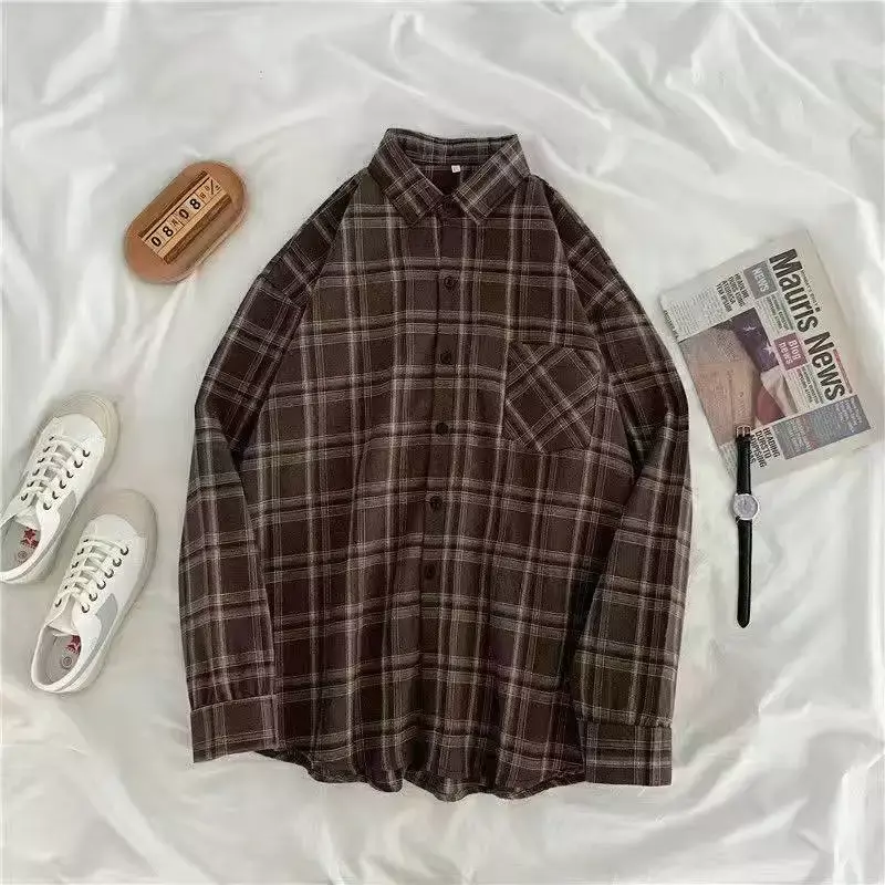 Camisas Vintage a cuadros para Mujer, camisa de manga larga con botones de gran tamaño, moda coreana, informal, prendas de vestir para otoño, 2021