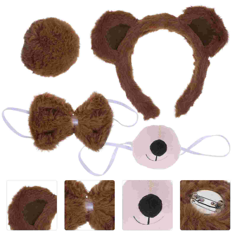 곰 코스튬 장식 머리띠, 곰 귀 머리띠, 가짜 코 나비 넥타이, 코스프레 꼬리 소품, 1 세트