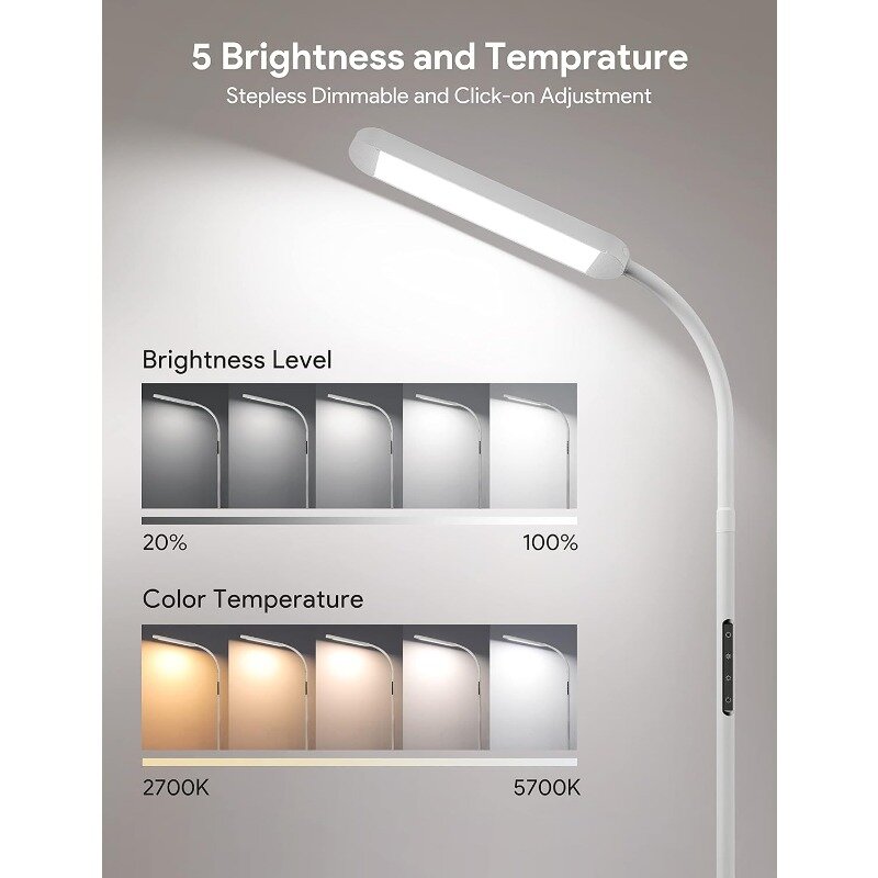 Floor Lamp, LED Floor Lamp with Remote, 5 Colors & 5 Brightness & Stepless Adjustable Standing Lamp Work with Wall Switch