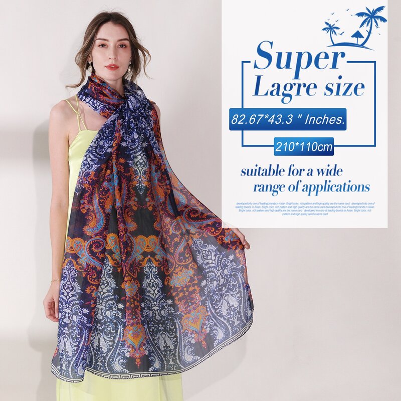 100% lenço de seda mulheres impresso azul floral seda lenço senhoras Hangzhou todas as estações elegante macio longo xale envoltório primavera