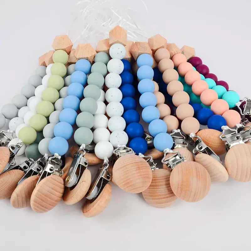Baby Pacifier Clip Wood Color Silicone Bead Infant Teether Soother Anti-drop Chain Newborn Safe Teething Toy Dummy Nipple Holder