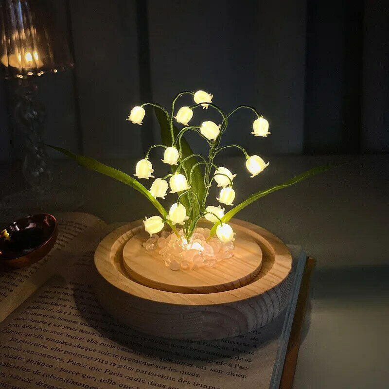 Handmade flor artificial tulipa lâmpada da noite, lírio das flores do vale, DIY cabeceira sono luz, decoração do quarto