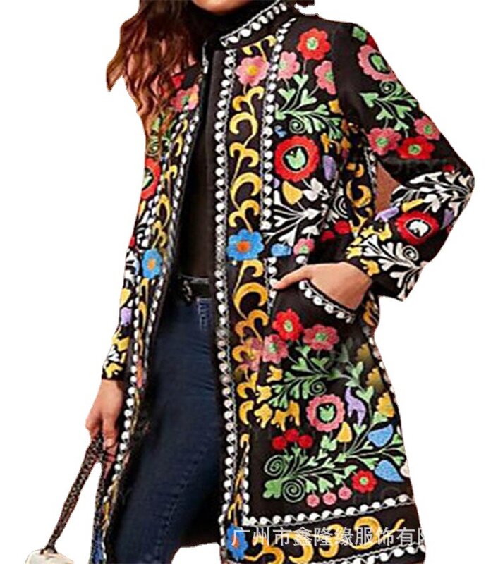 Multicolor Flower Printed Casual Blazer donna inverno Indie Folk Jacket manica lunga cappotto Vintage Slim Office Lady Blazer Outwear