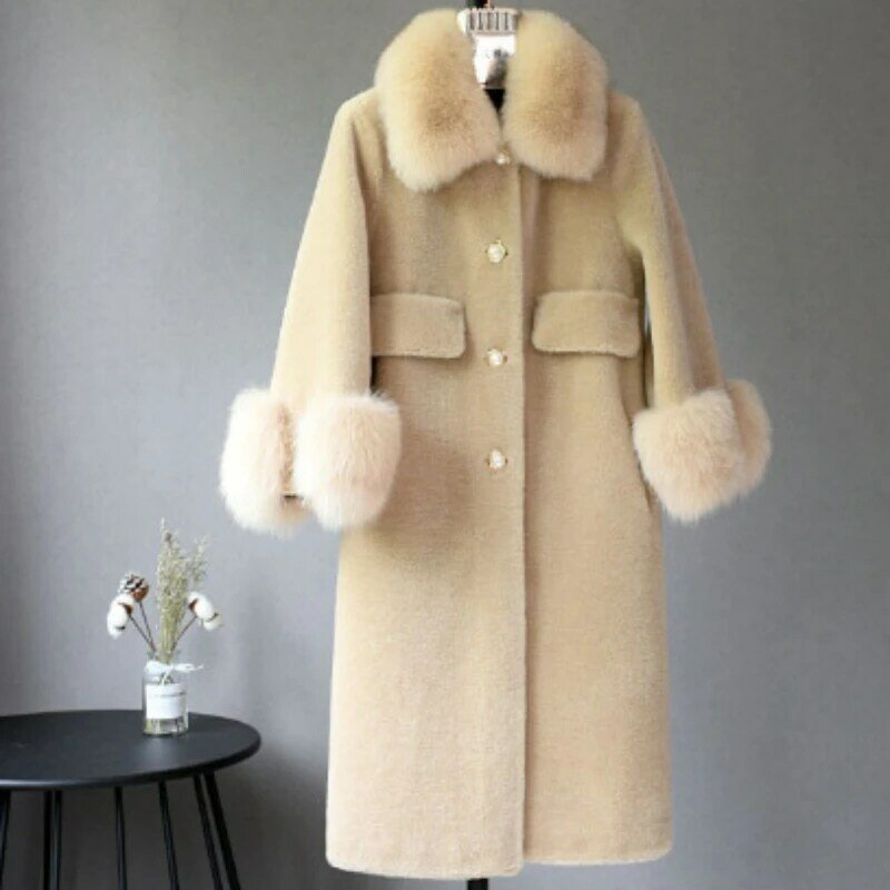 Chaqueta de lana a la moda para mujer, abrigo de piel Natural Real, largo, grueso, cálido, de una sola botonadura, suelto, ropa de calle de lujo, descuento, nuevo, Invierno