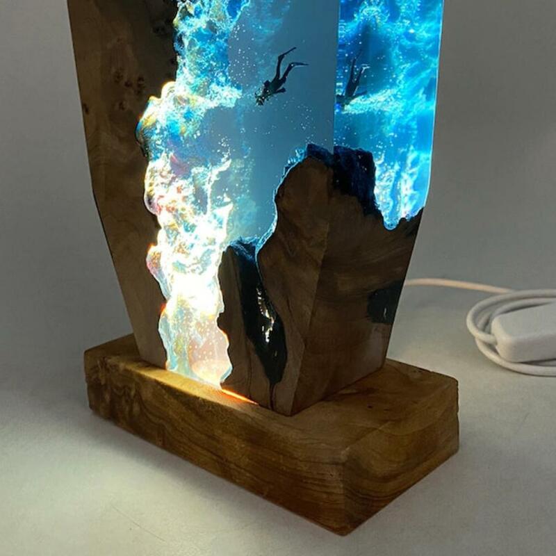 Ocean Karst lampu malam LED, lampu Resin epoksi dasar kayu dekorasi rumah hadiah koleksi figur aksi lampu LED