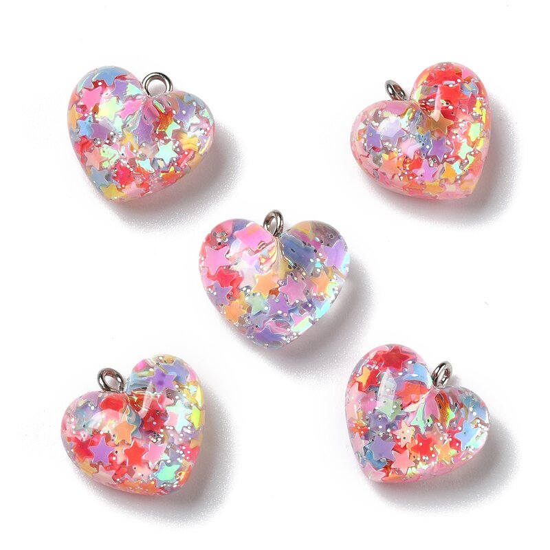 30pcs Transparent Resin Pendants Heart Charms with Colorful Glitter Powder Iron Loops for Jewelry Making DIY Bracelet Necklace