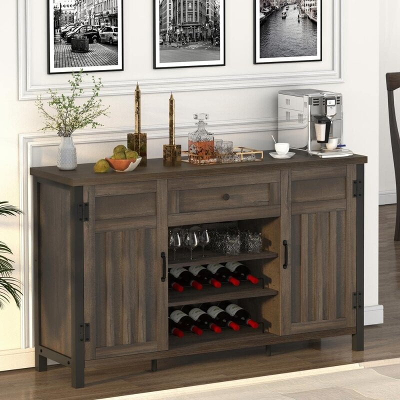 FATORRI Industrial Coffee Bar Cabinet with Wine Rack, Wood Buffet and Sideboard with Storage Cabinet,