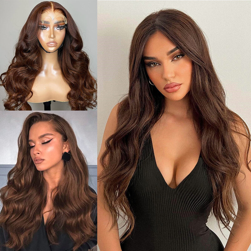 Soft 26'' Long Body Wave 180Density Brown Deep Lace Front Wig For Black Women BabyHair Heat Resistant Glueless Preplucked Daily