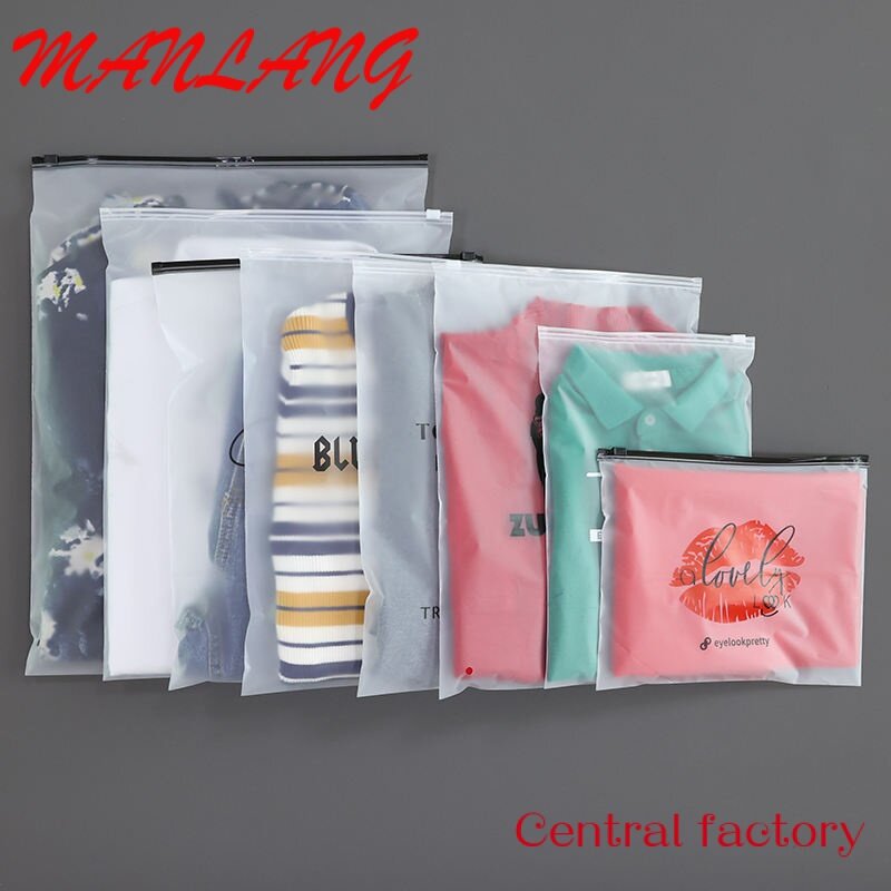 Bolsa de embalaje de camiseta transparente resellable con estampado personalizado, bolsa con cierre de cremallera, bolsas de plástico esmeriladas con cremallera para ropa