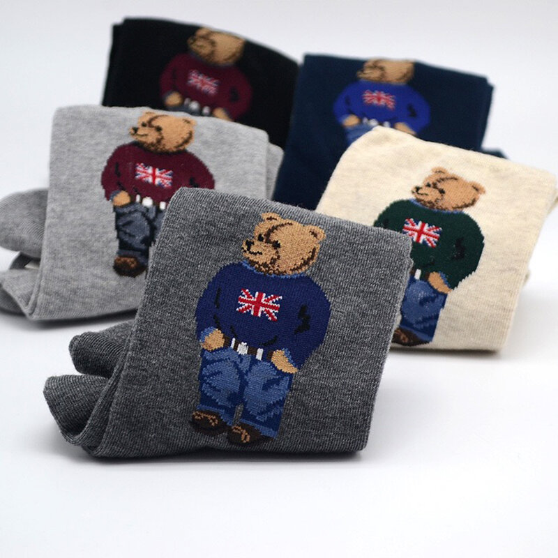 Good Quality Cartoon Gentleman Bear Men's Socks Cotton Harajuku Style Sport Boys Skateboard Novelty Breathable  Christmas Gifts