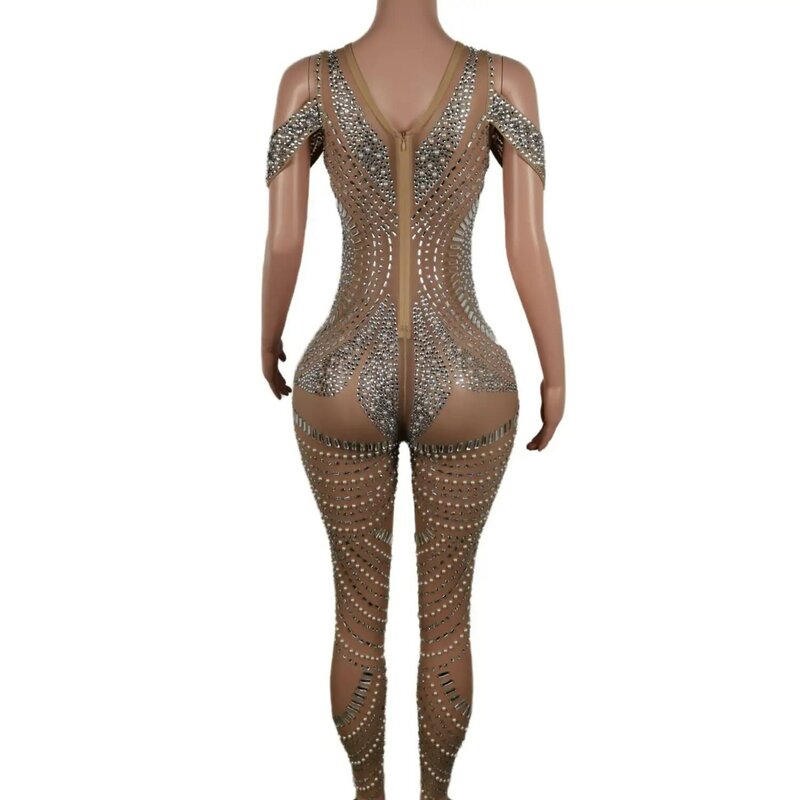 Tiejiaku-mono ajustado de cuerpo completo para mujer, traje Sexy con diamantes de imitación, cuello redondo, pantalones de una pieza