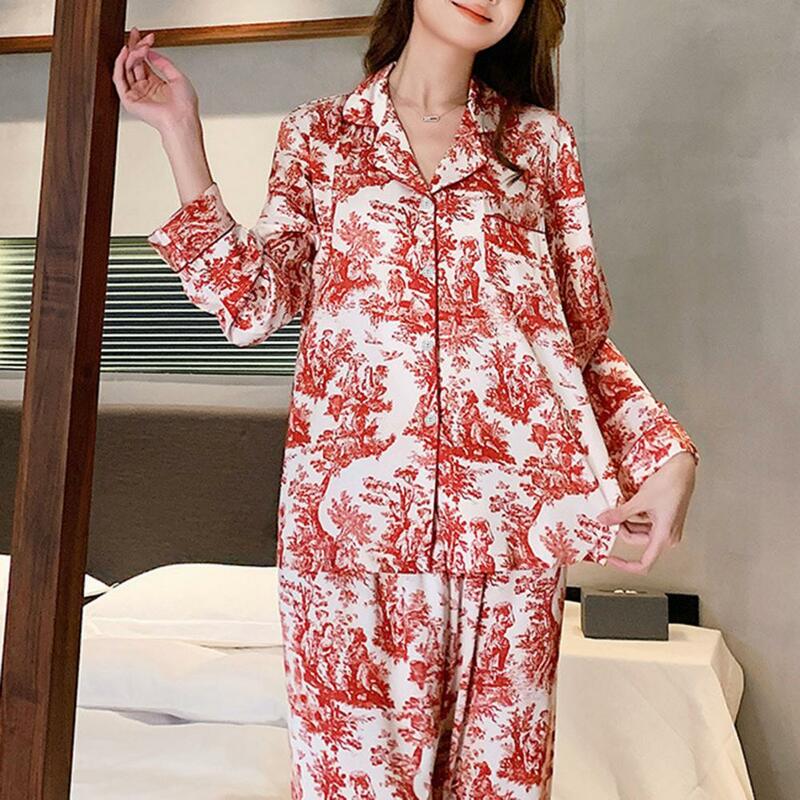 Conjunto de pijama feminino com estampa floral, elegante de peito único, bolsos elásticos na lapela, terno solto, primavera e outono